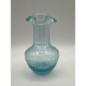 Hand Blown Blue Crackle Glass 4.5” Bud Vase w Ruffled Edge Art Glass